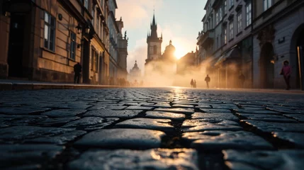 Fotobehang Low angle view of street with historical buildings in Prague city in Czech Republic in Europe. © Joyce