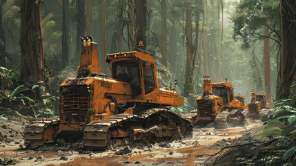 Autonomous Bulldozers Pioneer Through Lush Forestlands A Leap in Heavy Industry Technology - obrazy, fototapety, plakaty