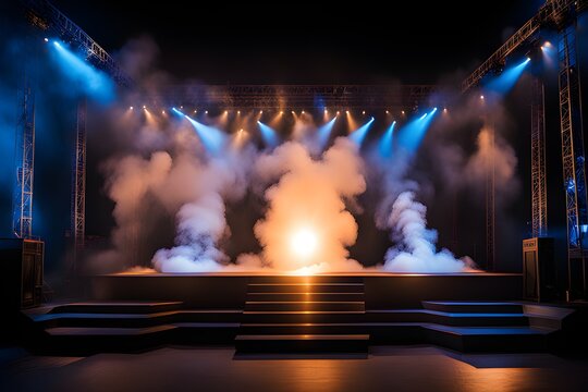 illuminated stage with blue lights and smoke