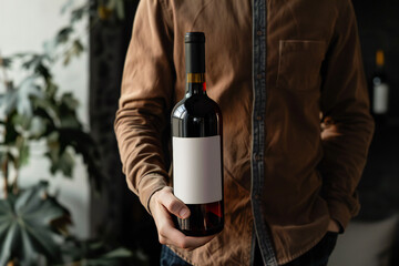 Man holding a bottle of wine with a label mockup