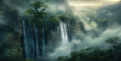 A high waterfall with lush greenery. Misty clouds cross the landscape. Generative AI.