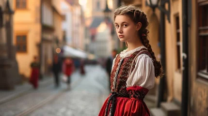 Poster A beautiful girl in traditional Czech clothing in street with historic buildings in the city of Prague, Czech Republic in Europe. © Joyce