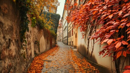 Autumn foliage with beautiful historical buildings of Prague city in Czech Republic in Europe. - obrazy, fototapety, plakaty