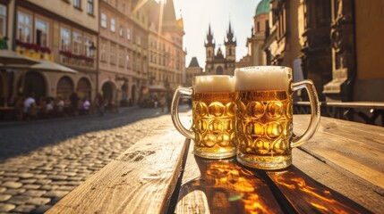 Beer mug with beer on table in a sunny day and beautiful historical buildings of Prague city in Czech Republic in Europe. - obrazy, fototapety, plakaty