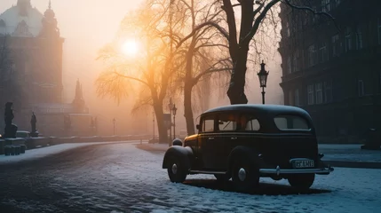 Poster Im Rahmen Vintage car in the street of Prague in winter. Czech Republic in Europe. © Joyce