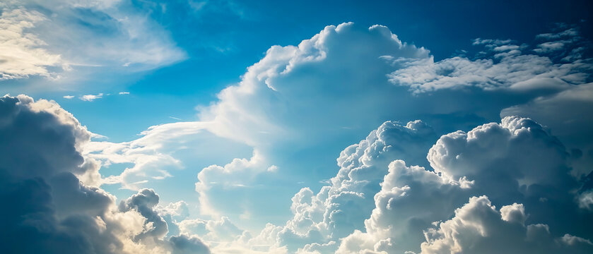 Voluminous white cumulus clouds building up in a clear blue sky,