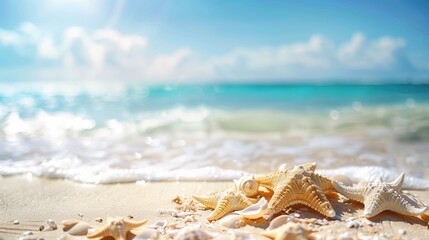 Starfish and seashells gathered on the beach with the tide rolling in, portraying a serene shoreline scene perfect for summer and marine life themes. - obrazy, fototapety, plakaty