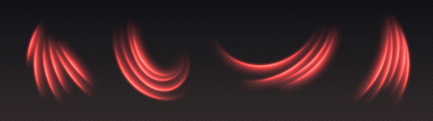 Hot air flow effect, warm heating wind. Red light trails with sparkles. Glowing motion effect. Abstract luminescent curves. Vector decoration.