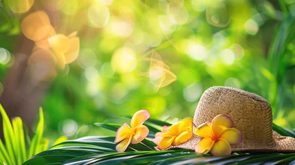 Gordijnen A straw hat and vibrant plumeria flowers on a lush green backdrop, capturing the essence of tropical summer and relaxation in nature. © logonv