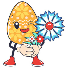 Cartoon happy Easter Groovy egg character with flower Holiday personage isolated on white background - 757960849
