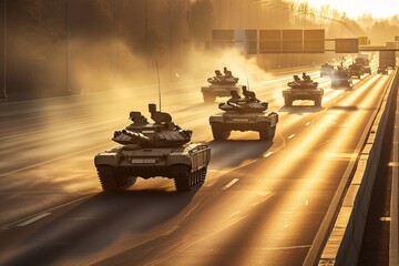 A convoy of tanks rolls down the highway in a display of military might. - obrazy, fototapety, plakaty