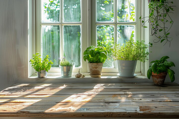 A rustic wooden table in a cozy kitchen setting features an array of potted herbs basking in the sunlight streaming through a window, inviting a sense of growth and freshness