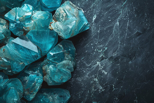 amazonite crystals geode close up on stone background, esoteric teal mineral texture on white surface