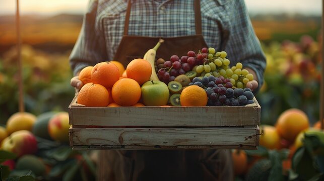 A farmer wearing an apron, holding a box full of fruits, apples, bananas, oranges, kiwi fruits, close up on box. Generative AI.