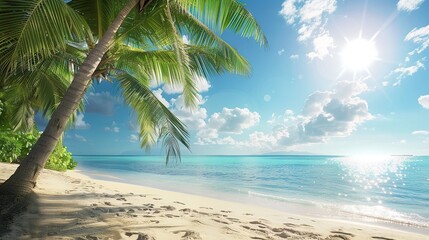 A palm tree sways on a sunlit beach with the sun's rays shimmering over turquoise waters, capturing a peaceful, tropical vibe. Ideal for travel and vacation visuals with a clear sky for text.