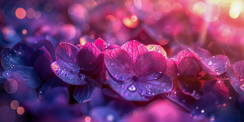 A macro shot captures the ethereal beauty of violet flower petals adorned with dewdrops, bathed in...