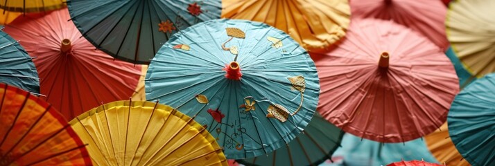 Colorful umbrella abstract pattern background for Chinese lunar new year celebration theme. - obrazy, fototapety, plakaty