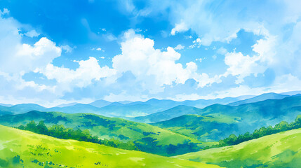 Obraz premium 爽やかな青空と新緑の山の水彩イラスト風景