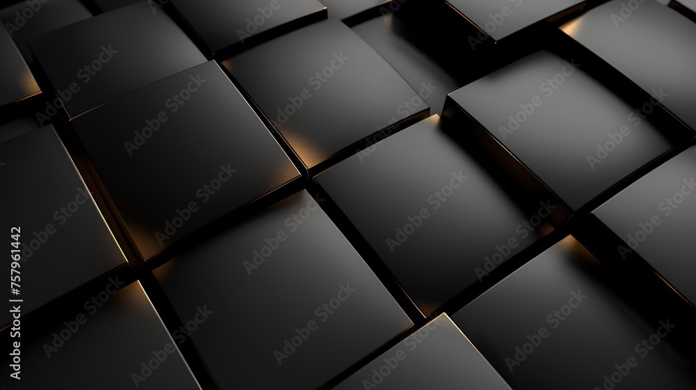 Poster a minimalist display of black tiles with subtle golden highlights, creating a sophisticated and luxu
