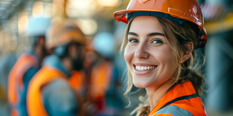 A woman is seen wearing a hard hat and safety vest, showcasing confidence in a construction setting. She is prepared for work and exhibits professionalism in her attire
