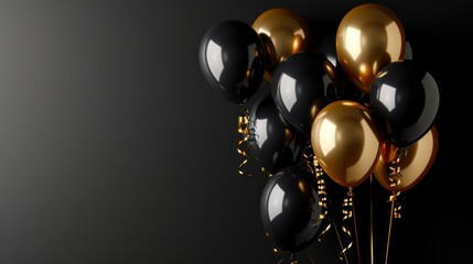Balloons over dark plain background with copy space decorated for holiday celebration party.