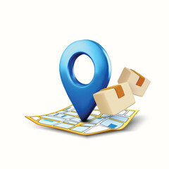 3d map marker with delivery cargo - shipment boxes. Map delivery pin icon. Design concept for delivery, transportation, package shipping service businesses. 3d vector illustration.