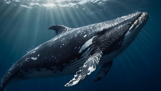 This image beautifully captures a humpback whale swimming gracefully underwater, with sunlight illuminating its majestic form amidst a serene aquatic environment

