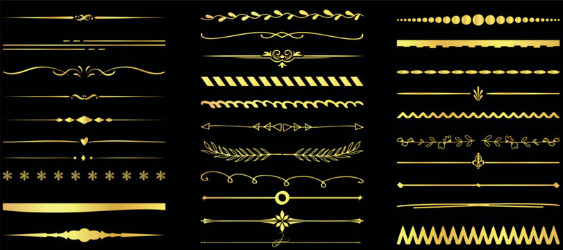 decorative line divider , Golden border intricately detailed, on black background. Ideal divider vector for luxury, elegant design elements in artwork, publications