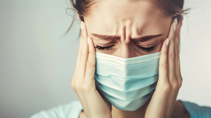 Woman with headache and medical mask on her face. Illness concept