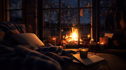 Warming and relaxing near a cozy fireplace. Feet in wooly socks, cup of coffee and a book by the fire