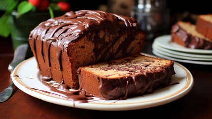 Chocolate pound cake. Loaf of cake sliced into pieces and served with chocolate ganache cream....