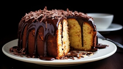 Chocolate pound cake. Loaf of cake sliced into pieces and served with chocolate ganache cream. Brown wooden background