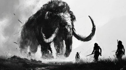 Hunting scene of a team of primitive cavemen attacking a giant mammoth in wild field.