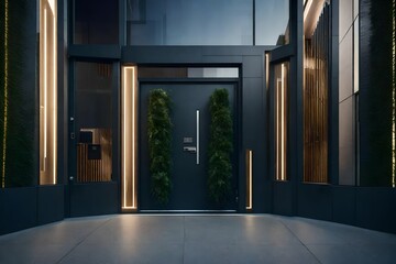 A new apartment building entrance door equipped with a keyless entry system for inhabitants  - obrazy, fototapety, plakaty