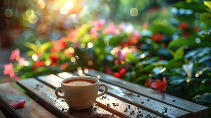 A cup of freshly brewed coffee is placed on a wooden table in a beautifully manicured garden. Generative AI. - obrazy, fototapety, plakaty