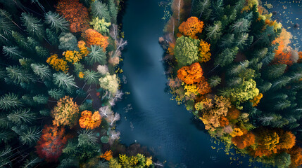 Naklejka na ściany i meble A bird's-eye view of a river cutting through the middle of a forest with colorful leaves.