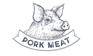 Pork, pig head, meat tag label. Template Meat Tag Label. Vintage print, tag, label with pig sketch ink pencil style drawing. Butchery pork pig head meat shop, text, typography. Vector Illustration - 757962428