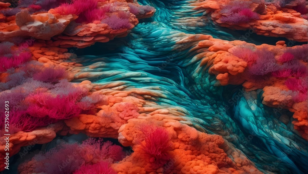 Poster abstract art piece with dynamic waves of vibrant colors, creating a visually appealing contrast and 