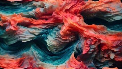 A fantastical abstract image with flowing turquoise textures amidst fluffy, orange and pink...
