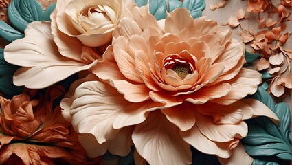 A close-up of blooming flowers in shades of peach, cream, and teal against a background. The lighting highlights the delicate textures and intricate details of the petals