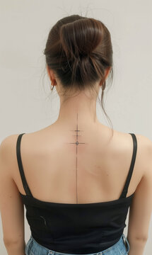 A minimalist line drawing tattoo along the spine line