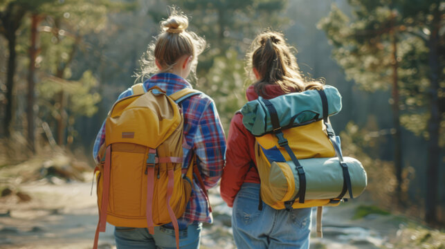 Girls with backpacks and camping gear, ready to travel.
