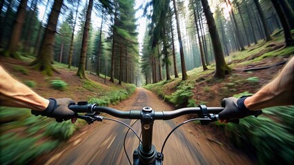Naklejka premium Person riding a mountain bike downhill in the forest