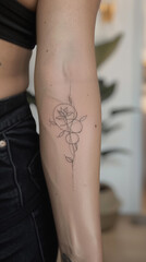 woman with an arm tattoo of minimalist lines