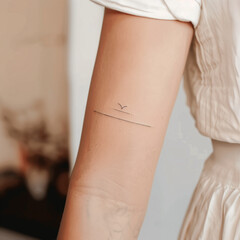 woman with an arm tattoo of minimalist lines