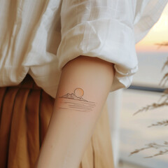 woman with an arm tattoo of minimalist lines - obrazy, fototapety, plakaty