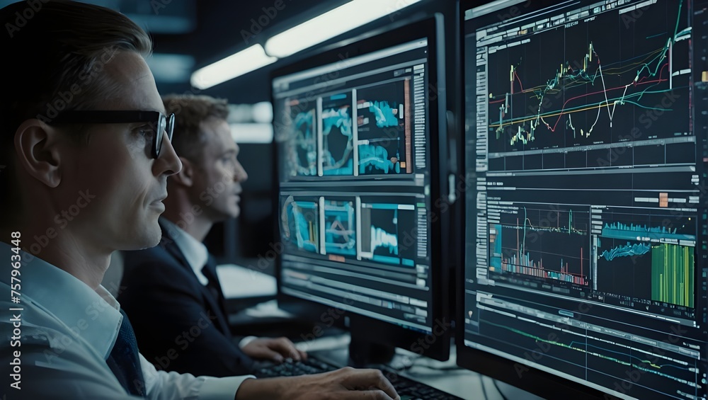 Poster two individuals analyzing financial data on multiple computer monitors in a dark, professional workp