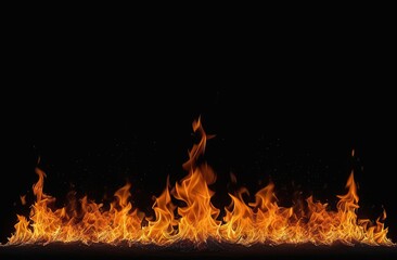 Fire flames on black background, frame, border.