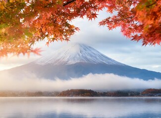 Colorful Autumn Season and Mountain Fuji with morning fog and red leaves at lake Kawaguchiko.