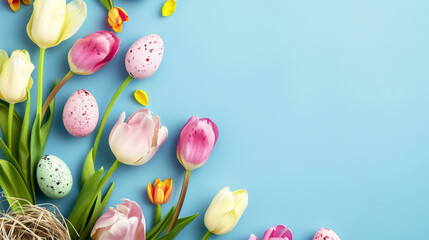 easter eggs and tulips - obrazy, fototapety, plakaty